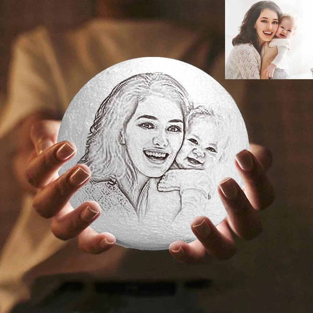 Personalised Creative 3D Print and Engraved Moon Lamp with Photo of Mother and Daughter - Touch Two Colors