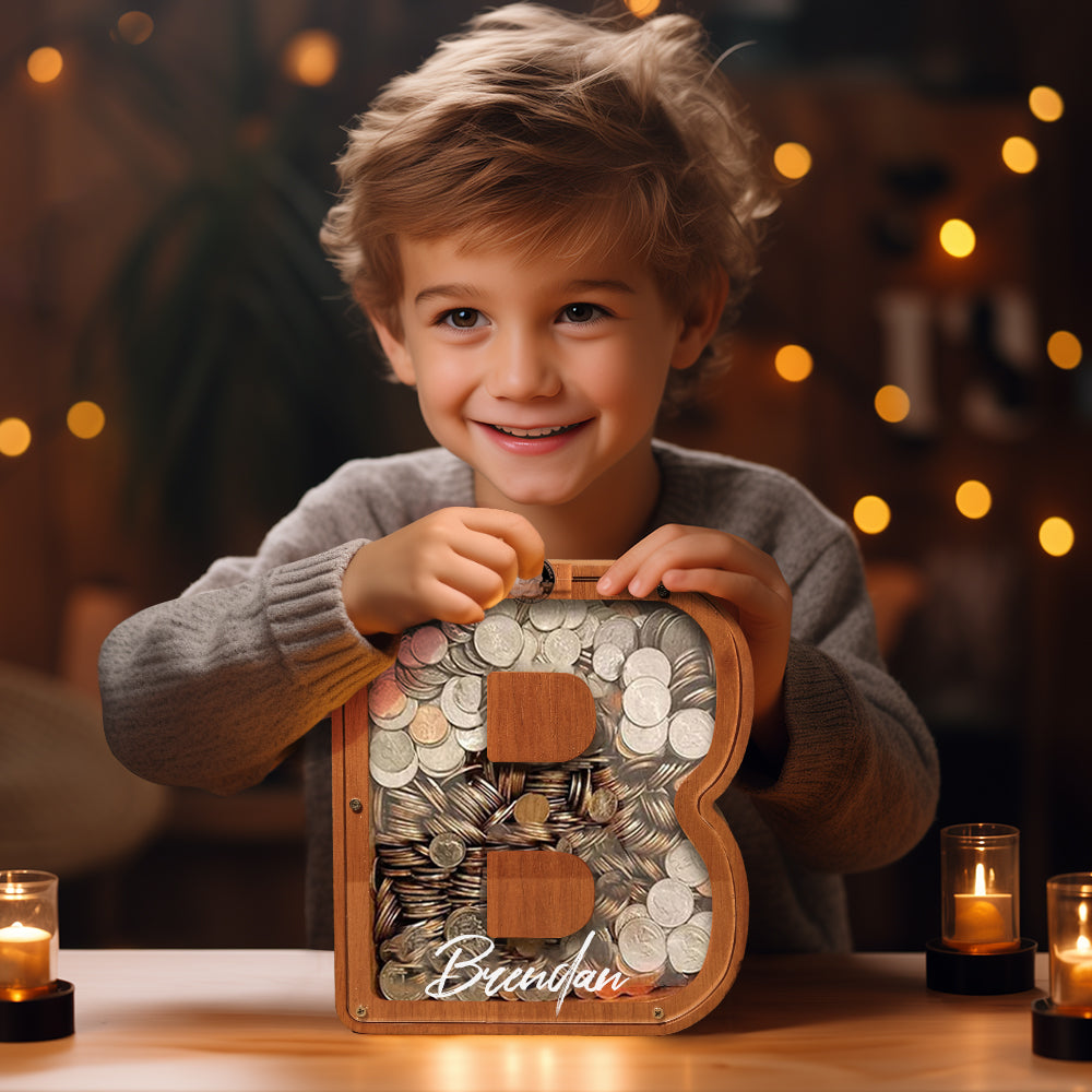 Personalized Letter Piggy Bank Custom Name Wooden Engraved Letter Money Box Gift for Kids