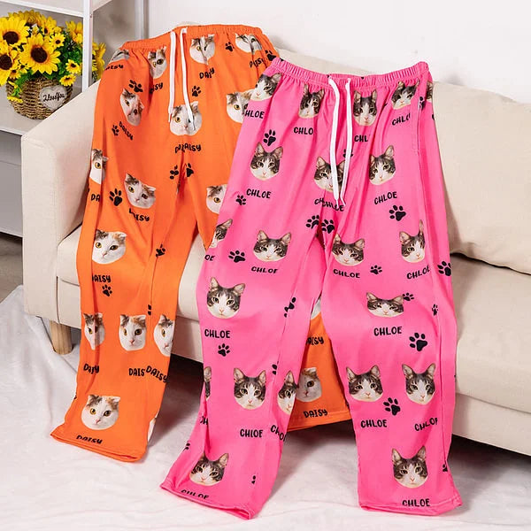 Personalized Dog Cat Face Photo Multicolor Plaid Name Pajama Pants Birthday Christmas Gift for Women Men Pet Lovers