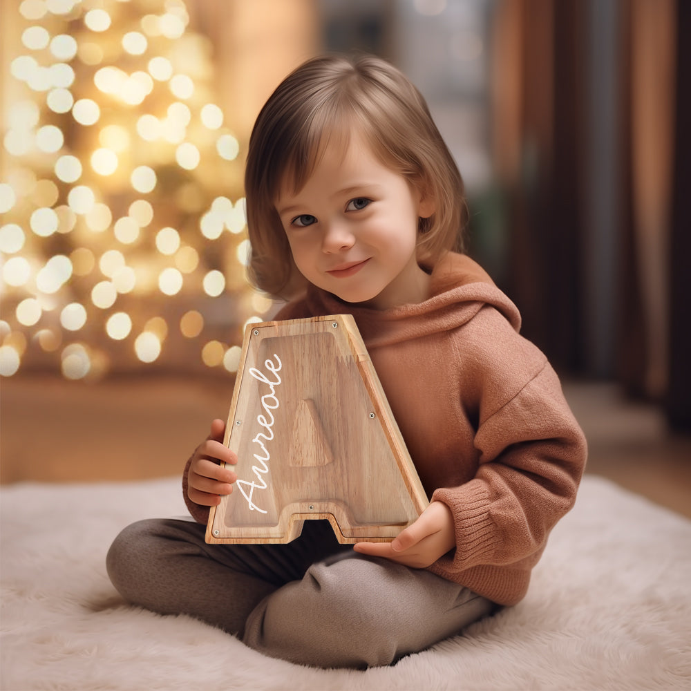 Personalized Letter Piggy Bank Custom Name Wooden Engraved Letter Money Box Gift for Kids