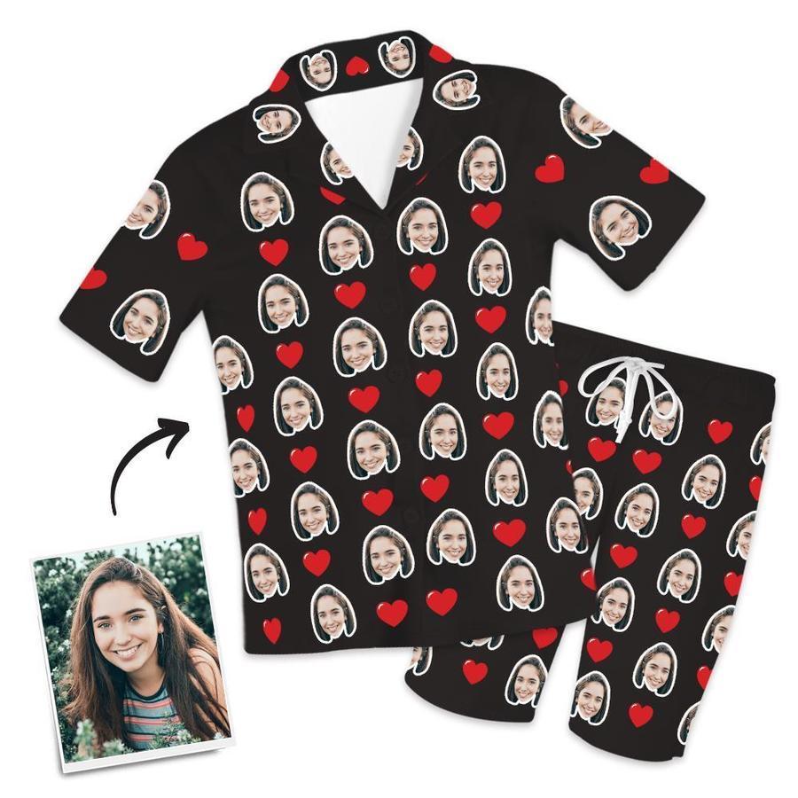 Custom Face Short Sleeved Pajamas With Hearts - Unique Pajamas Gifts For Mom