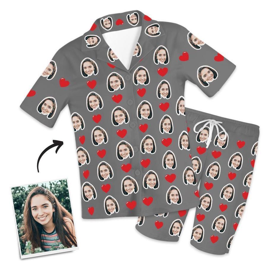 Custom Face Short Sleeved Pajamas With Hearts - Unique Pajamas Gifts For Mom