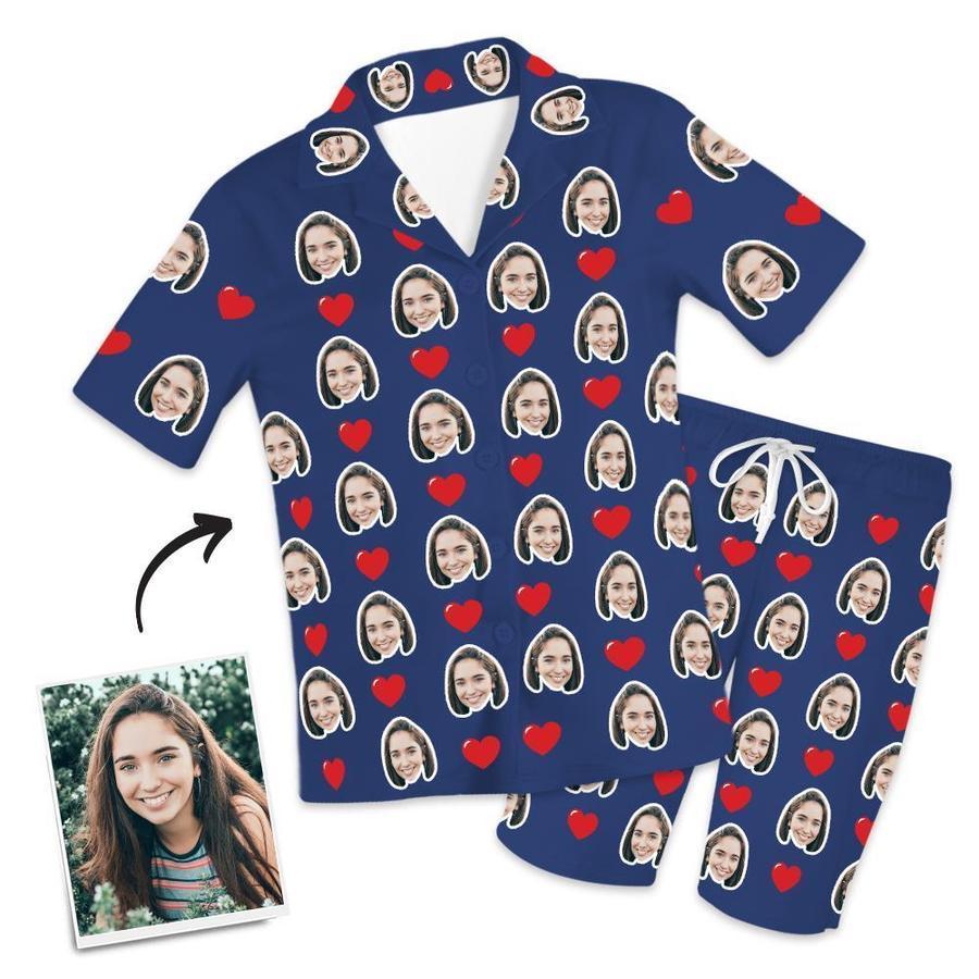 Custom Face Short Sleeved Pajamas With Hearts - Unique Pajamas Gifts For Mom