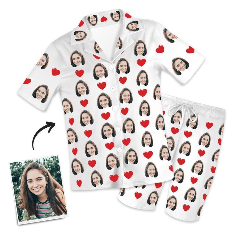 Custom Face Short Sleeved Pajamas With Hearts - Unique Pajamas Gifts For Mom