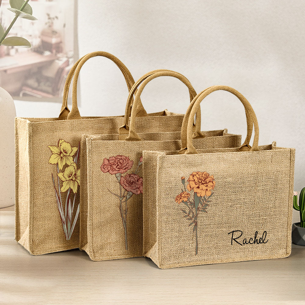 Personalized Birth Flower Beach Jute Tote Bag with Name Birthday Wedding Party Gifts for Women