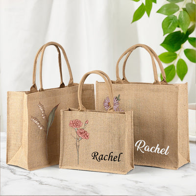 Personalized Birth Flower Beach Jute Tote Bag with Name Birthday Wedding Party Gifts for Women - mysiliconefoodbag