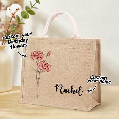 Personalized Birth Flower Beach Jute Tote Bag with Name Birthday Wedding Party Gifts for Her - mysiliconefoodbag