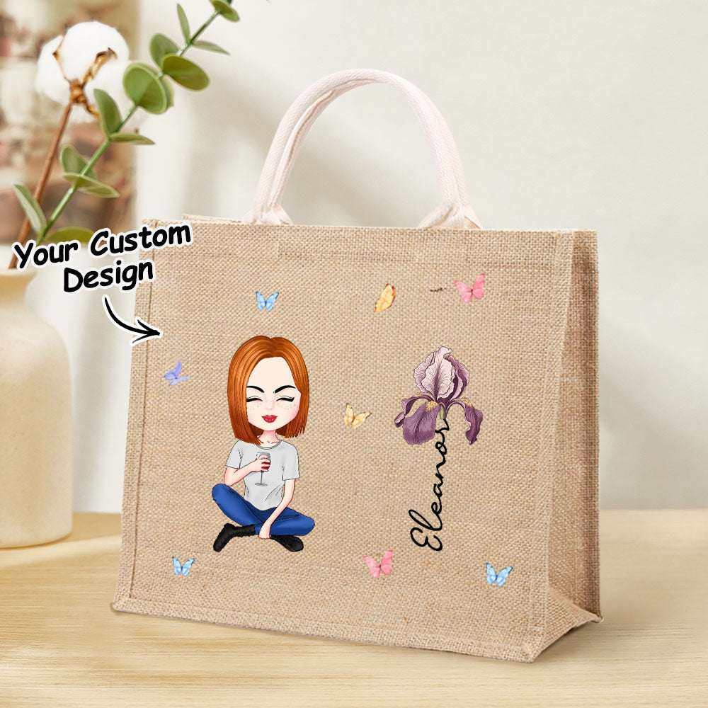 Personalized Cartoon Women Girl Birth Flower Jute Tote Bag with Name Wedding Birthday Gift for Her