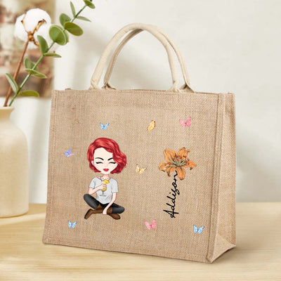 Personalized Cartoon Women Girl Birth Flower Jute Tote Bag with Name Wedding Birthday Gift for Her - mysiliconefoodbag