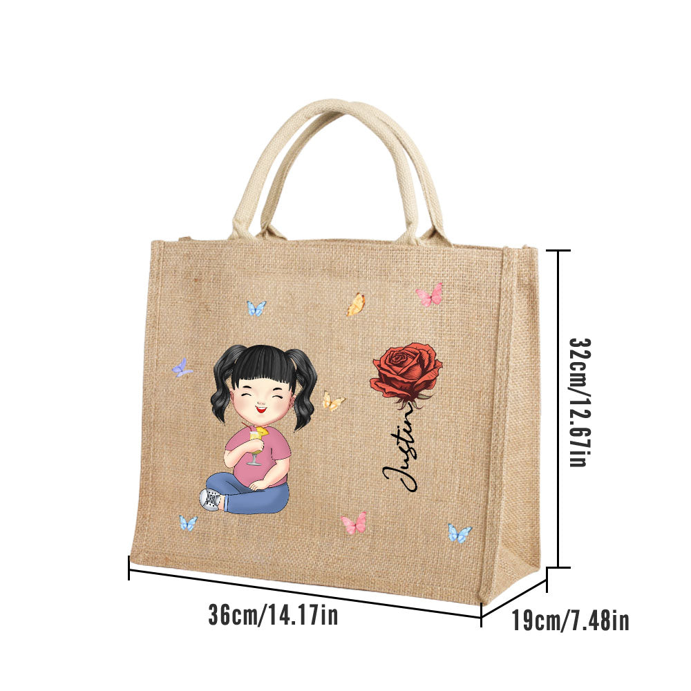 Personalized Cartoon Women Girl Birth Flower Jute Tote Bag with Name Wedding Birthday Gift for Her