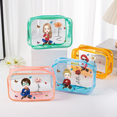 Personalized Cartoon Girl Birth Flower Clear Waterproof Makeup Bag with Name Birthday Gift for Her - mysiliconefoodbag