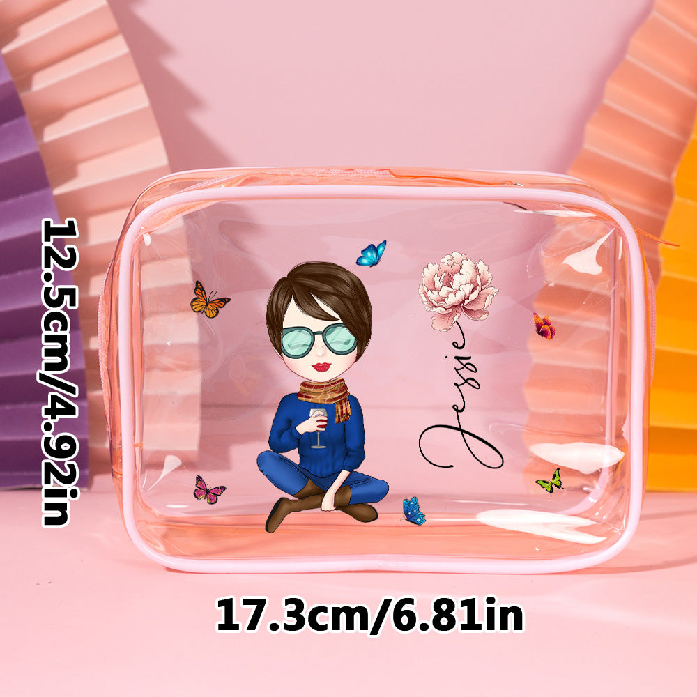 Personalized Cartoon Girl Birth Flower Clear Waterproof Makeup Bag with Name Birthday Gift for Her