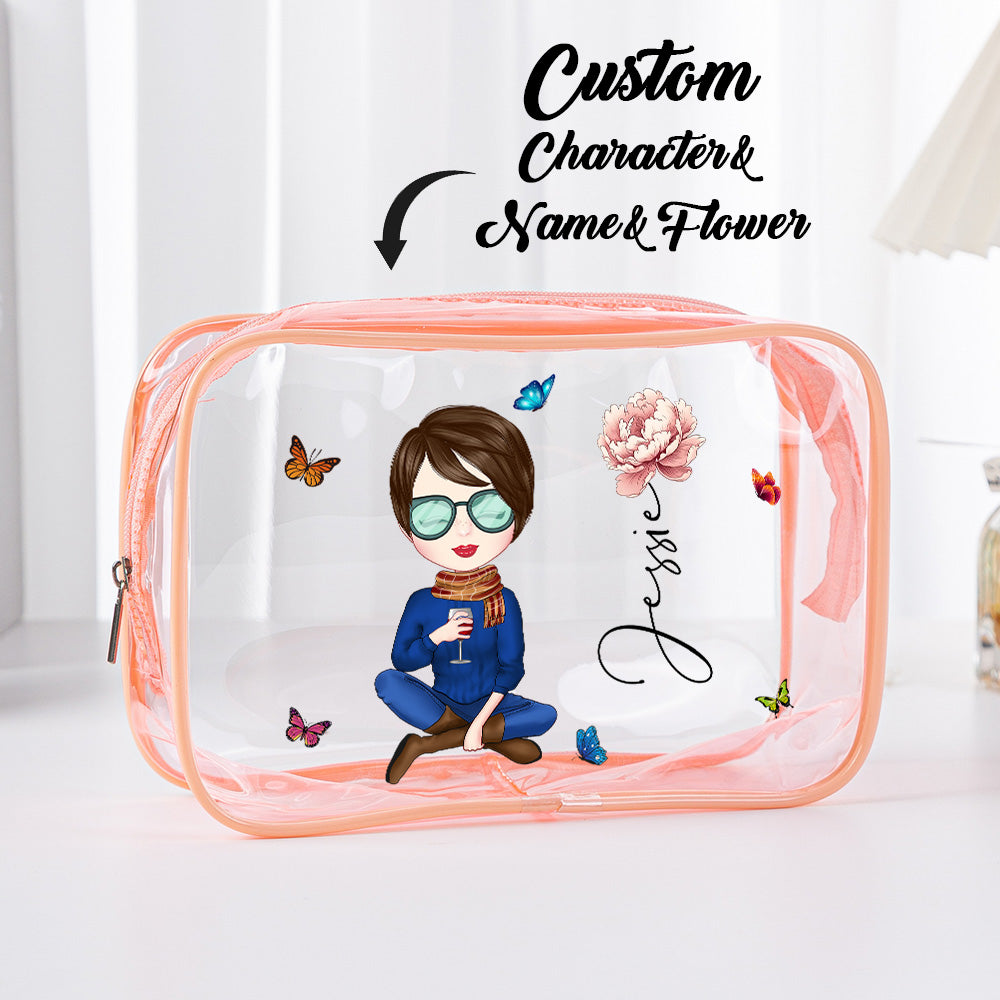 Personalized Cartoon Girl Birth Flower Clear Waterproof Makeup Bag with Name Birthday Gift for Her