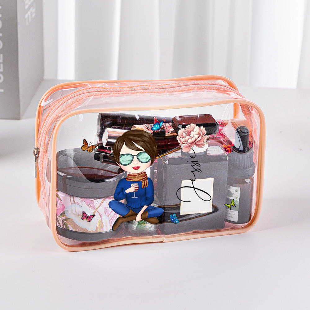 Personalized Cartoon Girl Birth Flower Clear Waterproof Makeup Bag with Name Birthday Gift for Her