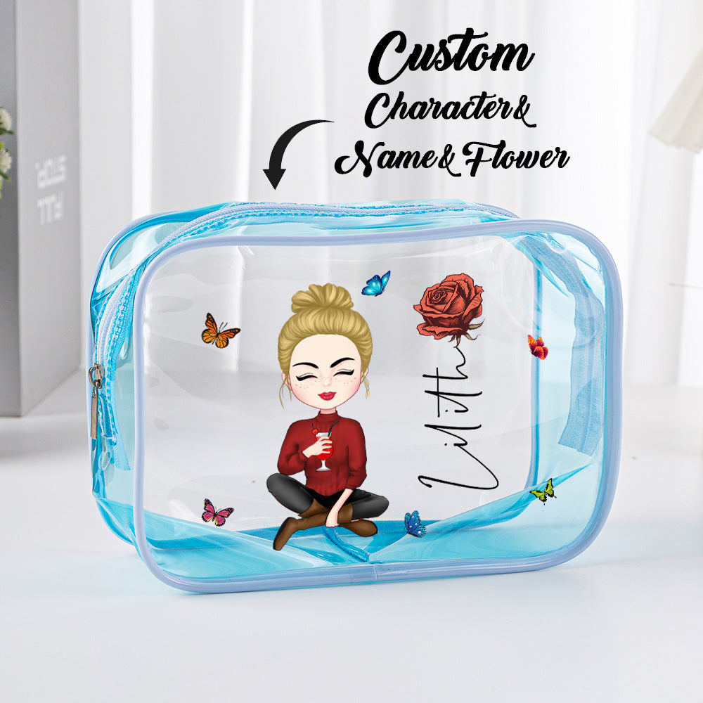 Personalized Cartoon Girl Birth Flower Clear Waterproof Makeup Bag with Name Birthday Gift for Her