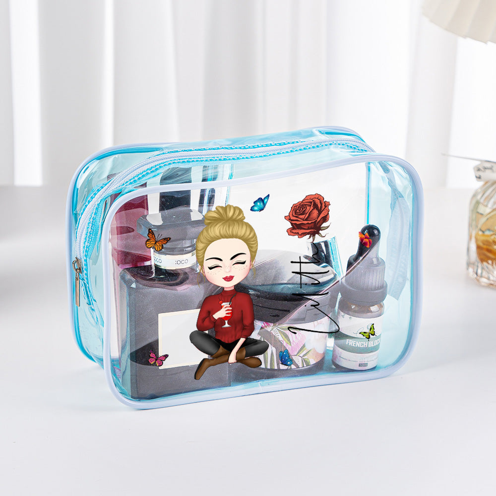 Personalized Cartoon Girl Birth Flower Clear Waterproof Makeup Bag with Name Birthday Gift for Her