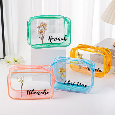 Personalized Birth Flower Clear Makeup Bag Waterproof Cosmetic Bag Wedding Travel Gift for Her - mysiliconefoodbag