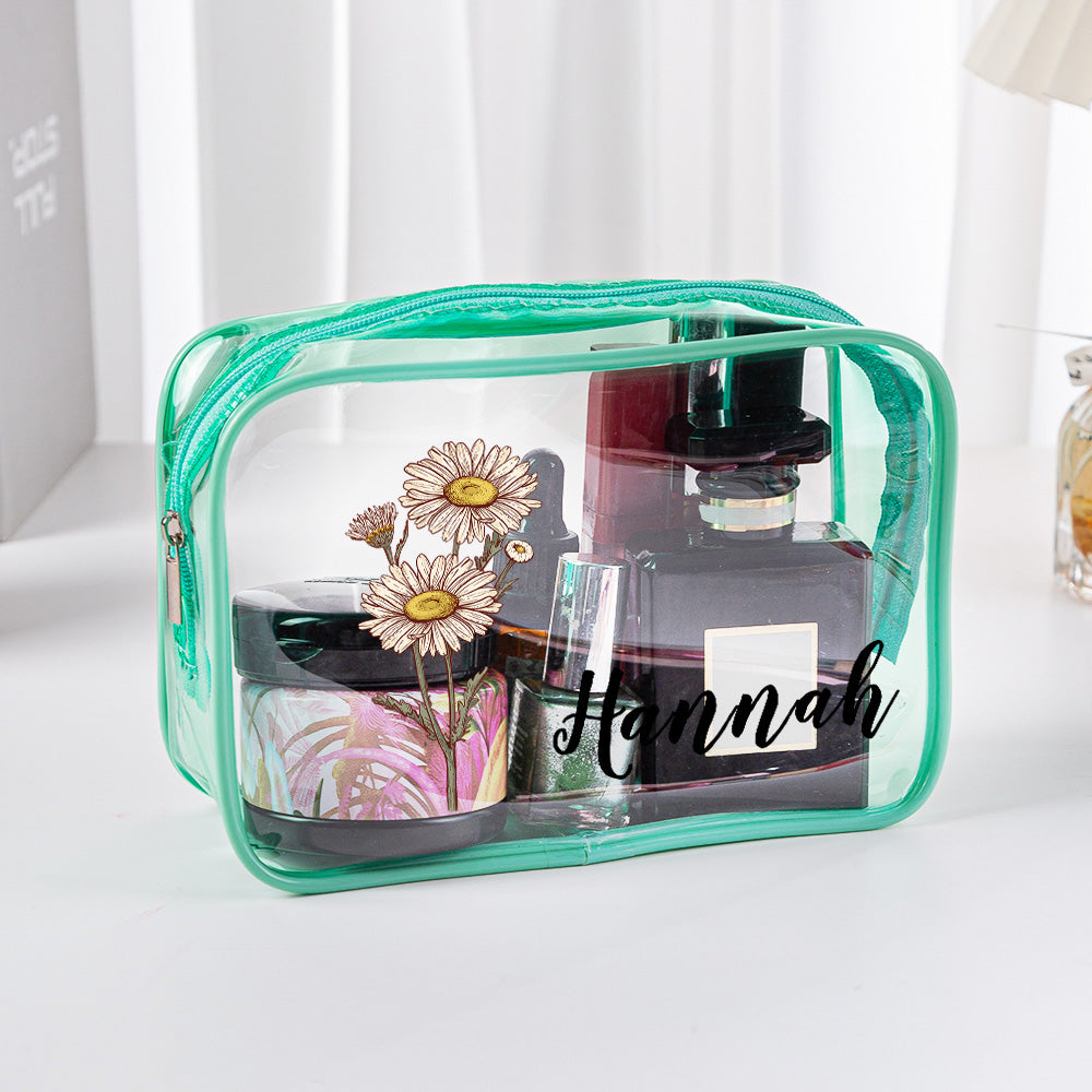 Personalized Birth Flower Clear Makeup Bag Waterproof Cosmetic Bag Wedding Travel Gift for Her