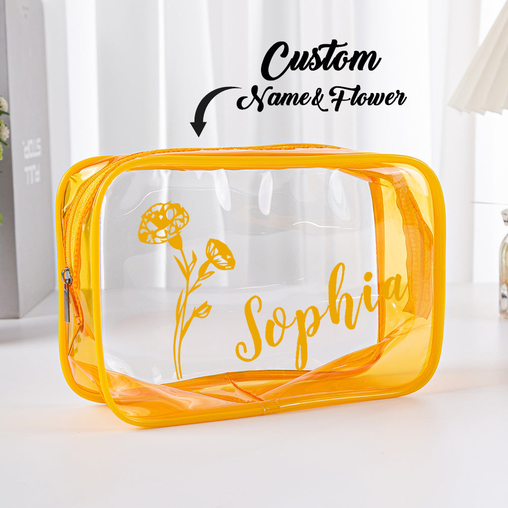 Personalized Birth Flower Name Clear Makeup Bag Birthday Wedding Travel Gift for Her