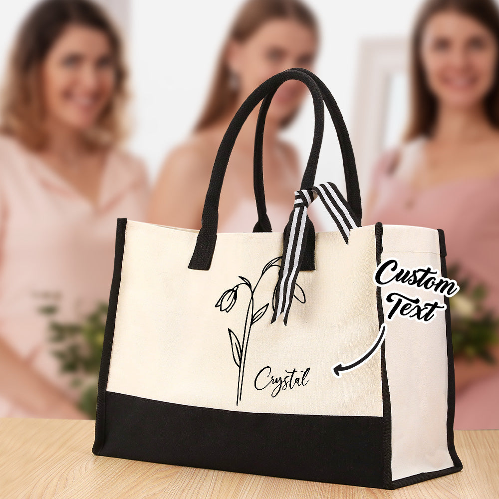 Personalized Birth Flower Canvas Tote Bag Large Capacity Beach Tote Bag Bridal Party Gift for Girls