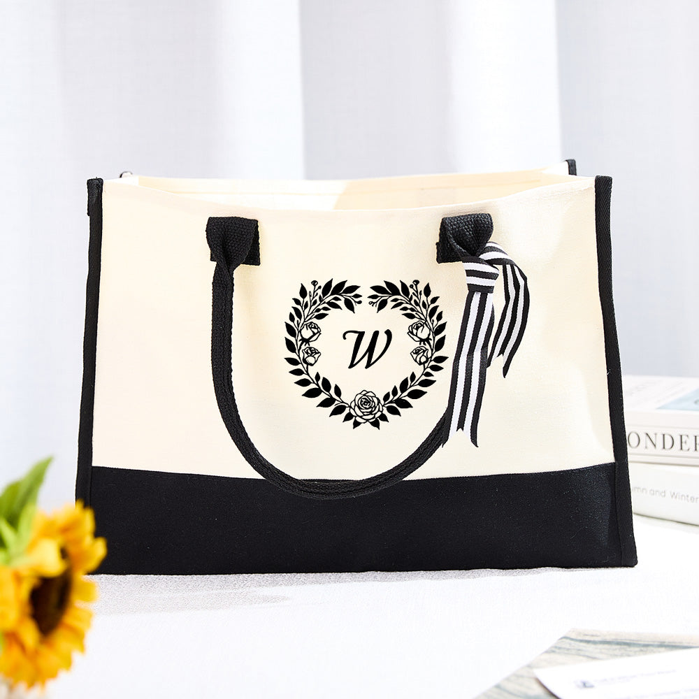 Personalized Wreath Initial Canvas Tote Bag Large Capacity Tote Bag Gift for Women