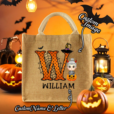 Personalized Cartoon Character Pumpkin Design Trick or Treat Candy Jute Tote Bag with Initial & Name Halloween Party Favors Gift for Kids - mysiliconefoodbag