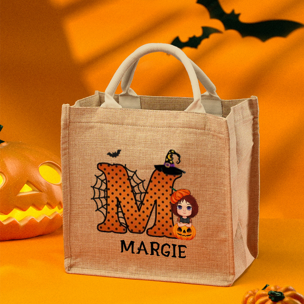 Personalized Cartoon Character Pumpkin Design Trick or Treat Candy Jute Tote Bag with Initial & Name Halloween Party Favors Gift for Kids