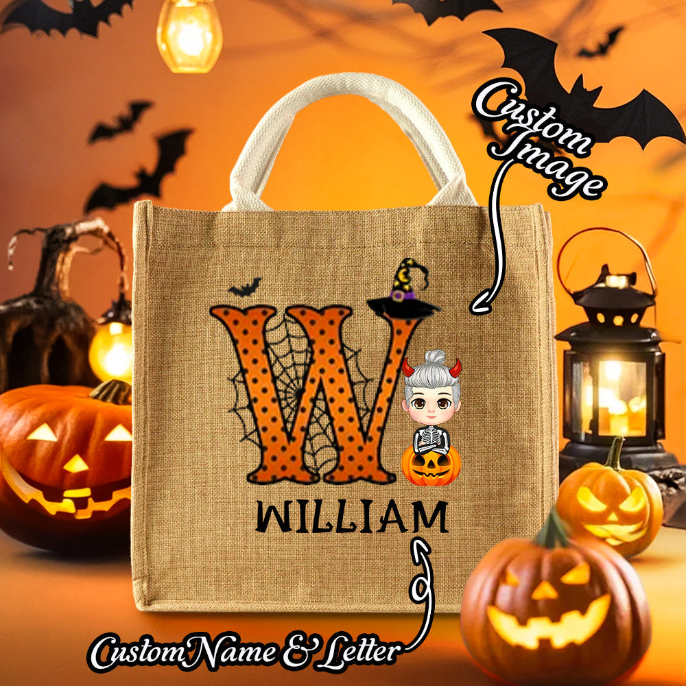 Personalized Cartoon Character Pumpkin Design Trick or Treat Candy Jute Tote Bag with Initial & Name Halloween Party Favors Gift for Kids