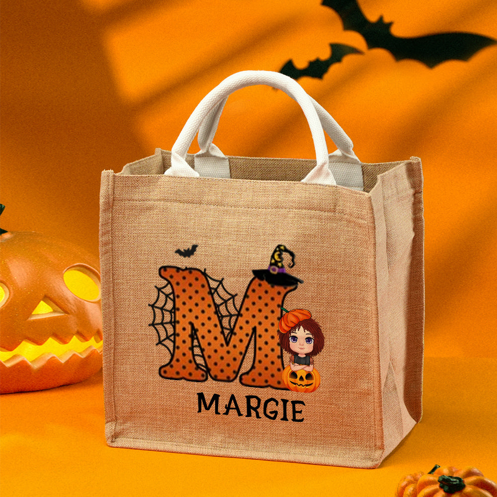 Personalized Cartoon Character Pumpkin Design Trick or Treat Candy Jute Tote Bag with Initial & Name Halloween Party Favors Gift for Kids