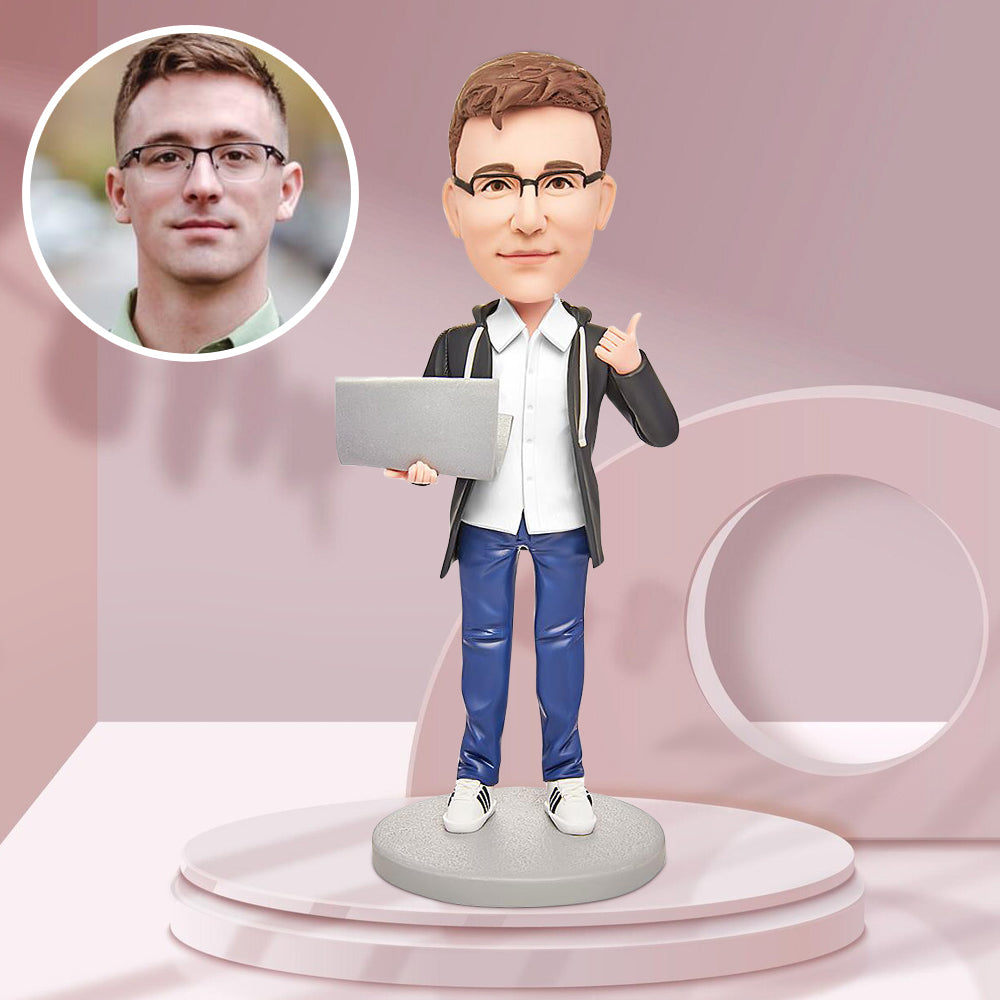 Male Software Engineer with Computer Custom Bobblehead Engraving with Text