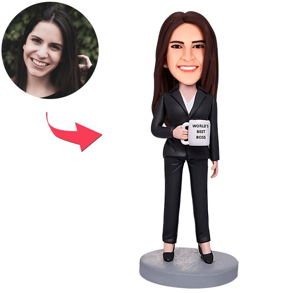 Female Business Christmas Gift Custom Bobblehead Gift World's Best Boss Holding A Water Glass