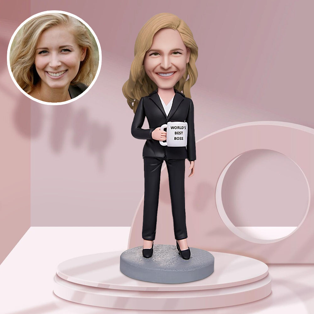 Business Gift World's Best Boss Business Woman Holding A Water Glass Custom Bobbleheads With Engraved Text