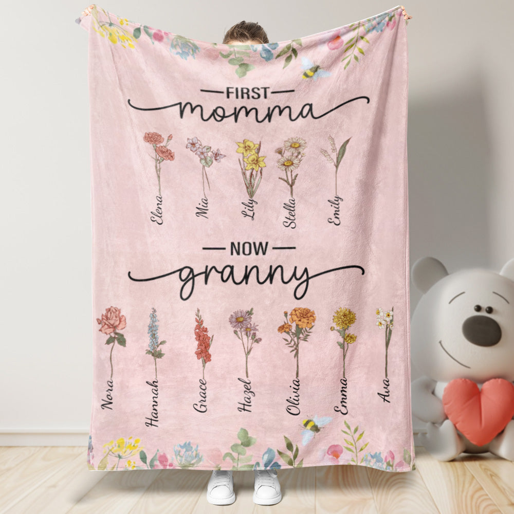 First Mom Now Grandma Custom Birth Flower and Name Blanket Mother's Day Gifts