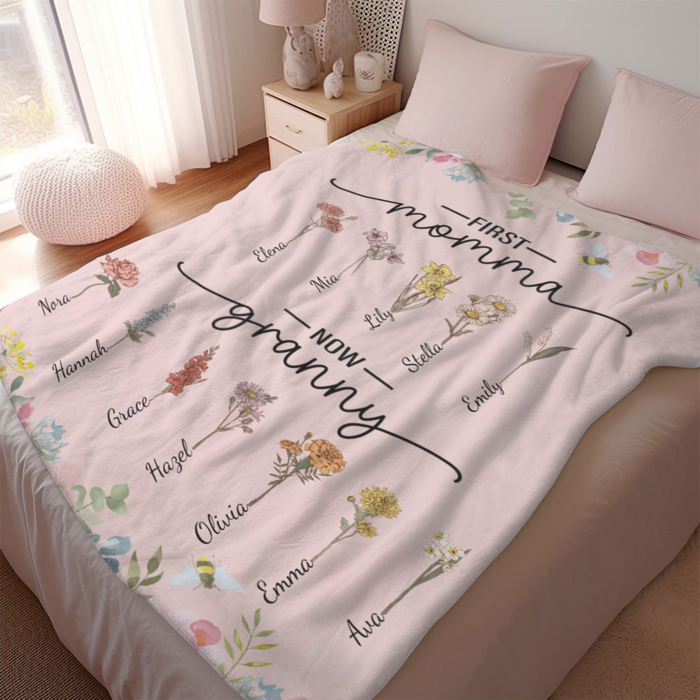 First Mom Now Grandma Custom Birth Flower and Name Blanket Mother's Day Gifts