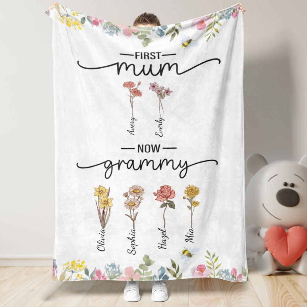 First Mom Now Grandma Custom Birth Flower and Name Blanket Mother's Day Gifts