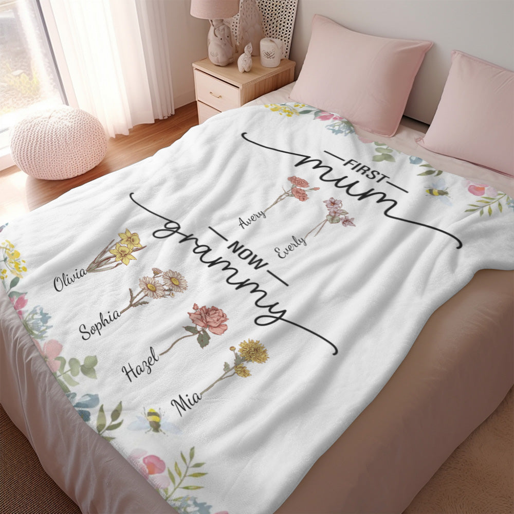 First Mom Now Grandma Custom Birth Flower and Name Blanket Mother's Day Gifts