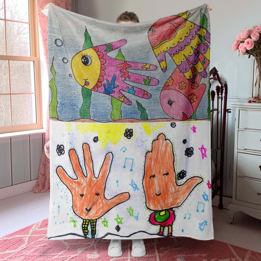 Custom Photo Blanket Turn Kid's Drawings into Blanket Gift for Parents from Kids