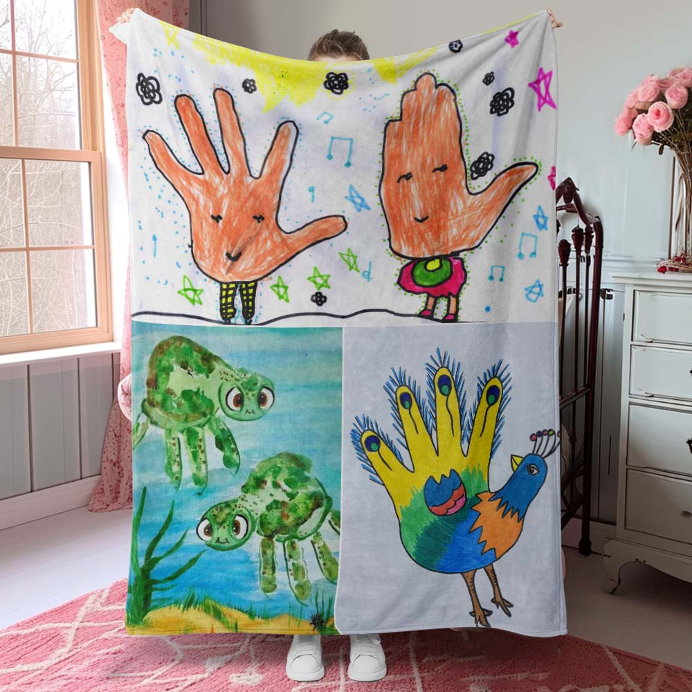 Custom Photo Blanket Turn Kid's Drawings into Blanket Gift for Parents from Kids