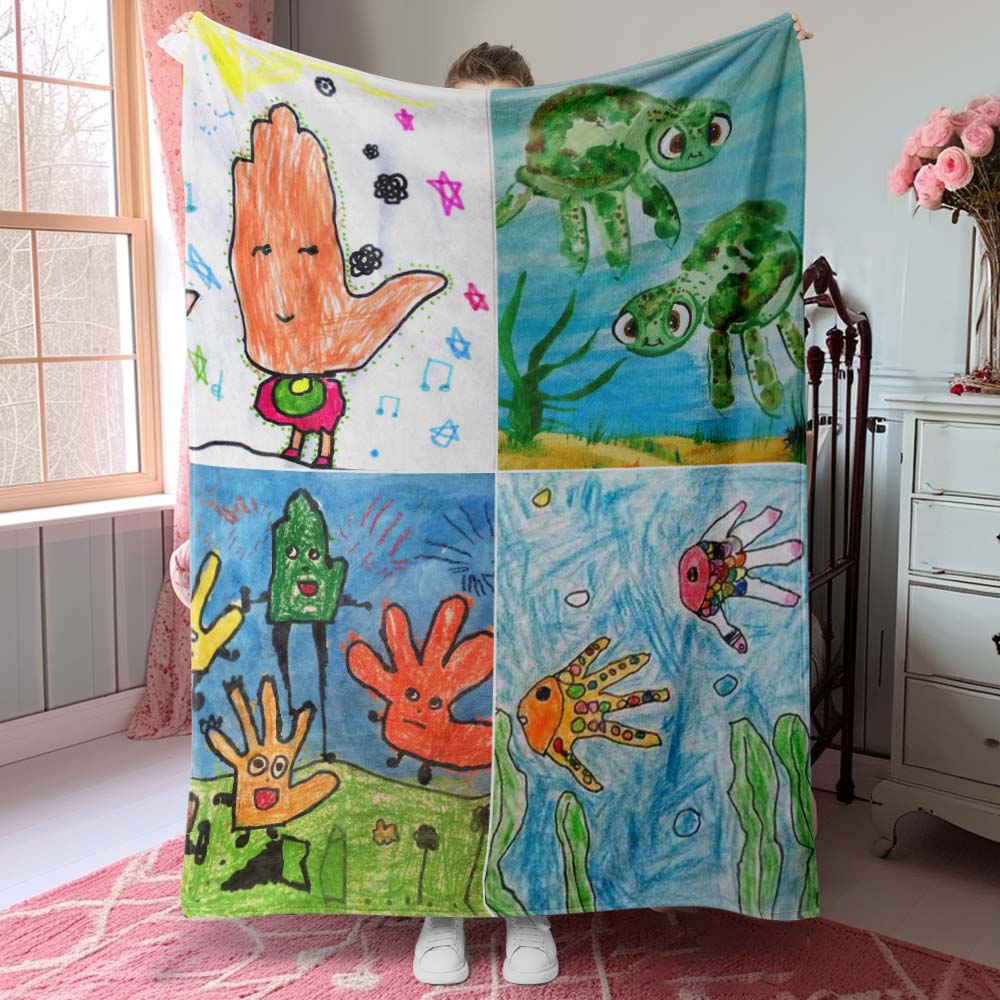 Custom Photo Blanket Turn Kid's Drawings into Blanket Gift for Parents from Kids