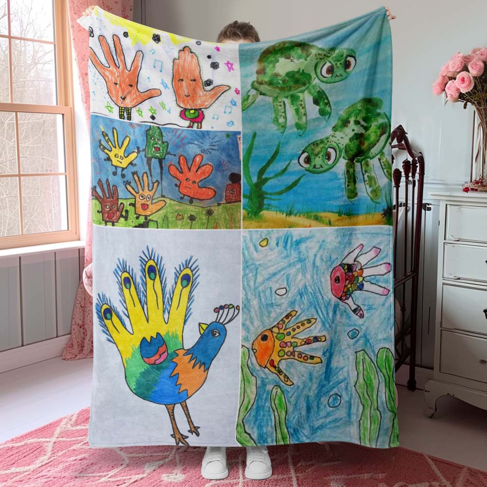 Custom Photo Blanket Turn Kid's Drawings into Blanket Gift for Parents from Kids