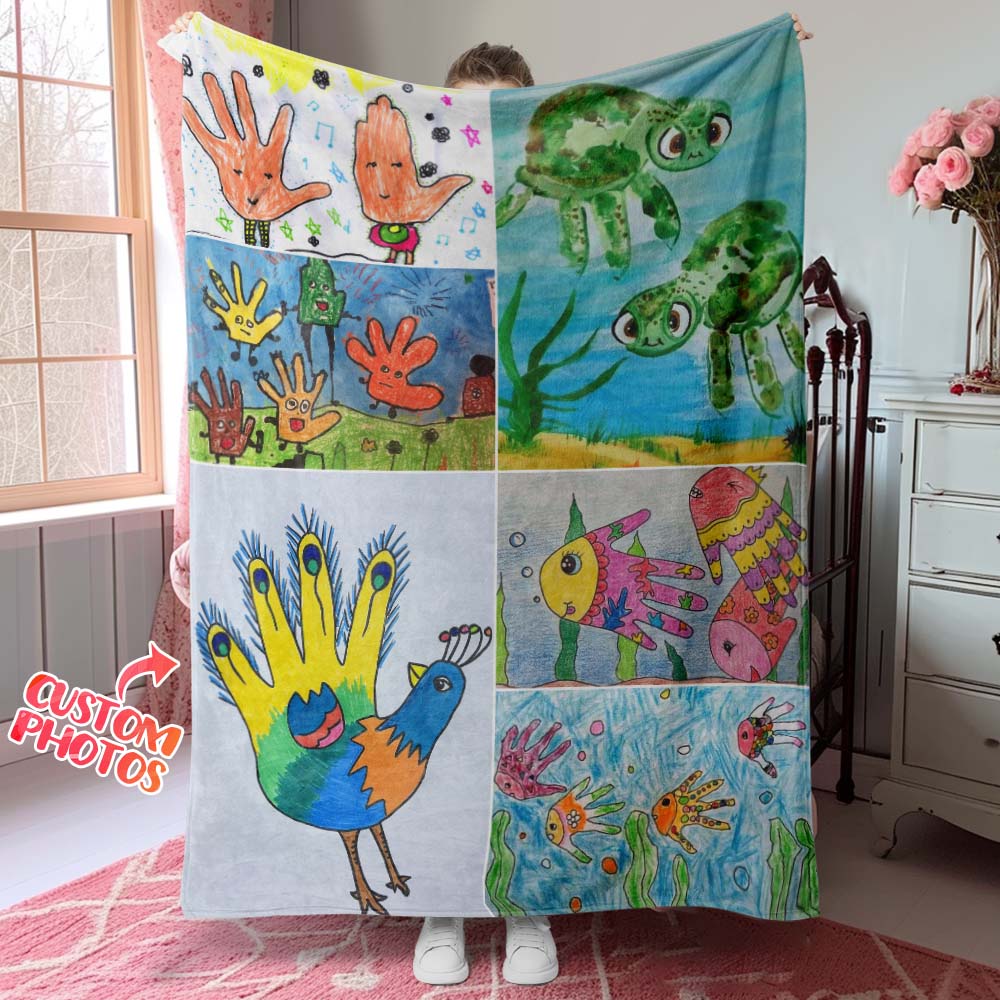 Custom Photo Blanket Turn Kid's Drawings into Blanket Gift for Parents from Kids