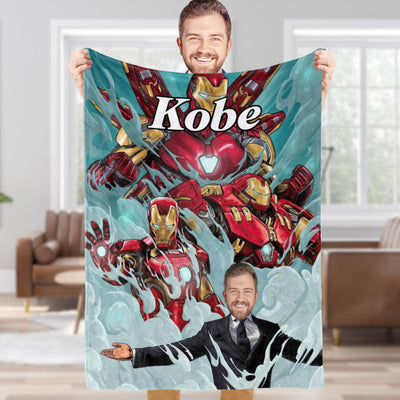 Custom Face Blanket Personalized Photo and Text Doppelganger Iron Man Blanket Minime Blanket Best Gift For Him - mysiliconefoodbag