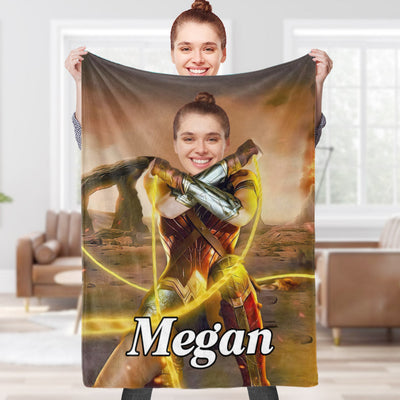 Custom Face Blanket Personalized Photo and Text Invincible Wonder Woman Blanket Minime Blanket Best Gift For Him - mysiliconefoodbag