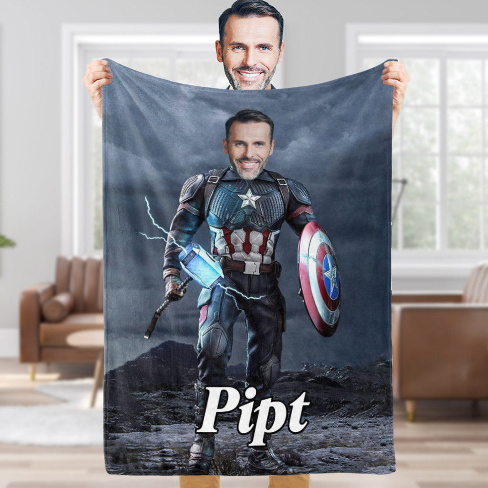 Custom Face Blanket Personalized Photo and Text Hammer Captain America Blanket Minime Blanket Best Gift For Him