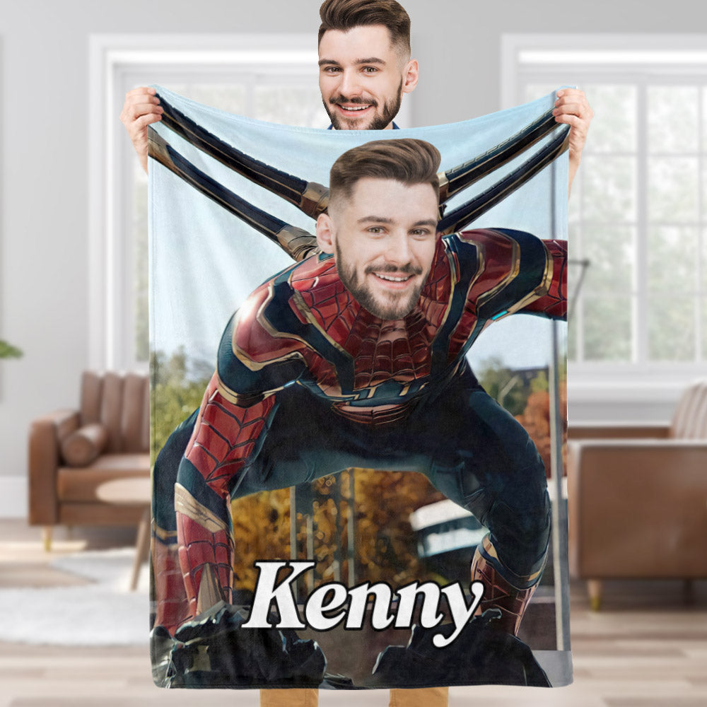 Custom Face Blanket Personalized Photo and Text Super Battle Suit Spider-Man Blanket Minime Blanket Best Gift For Him