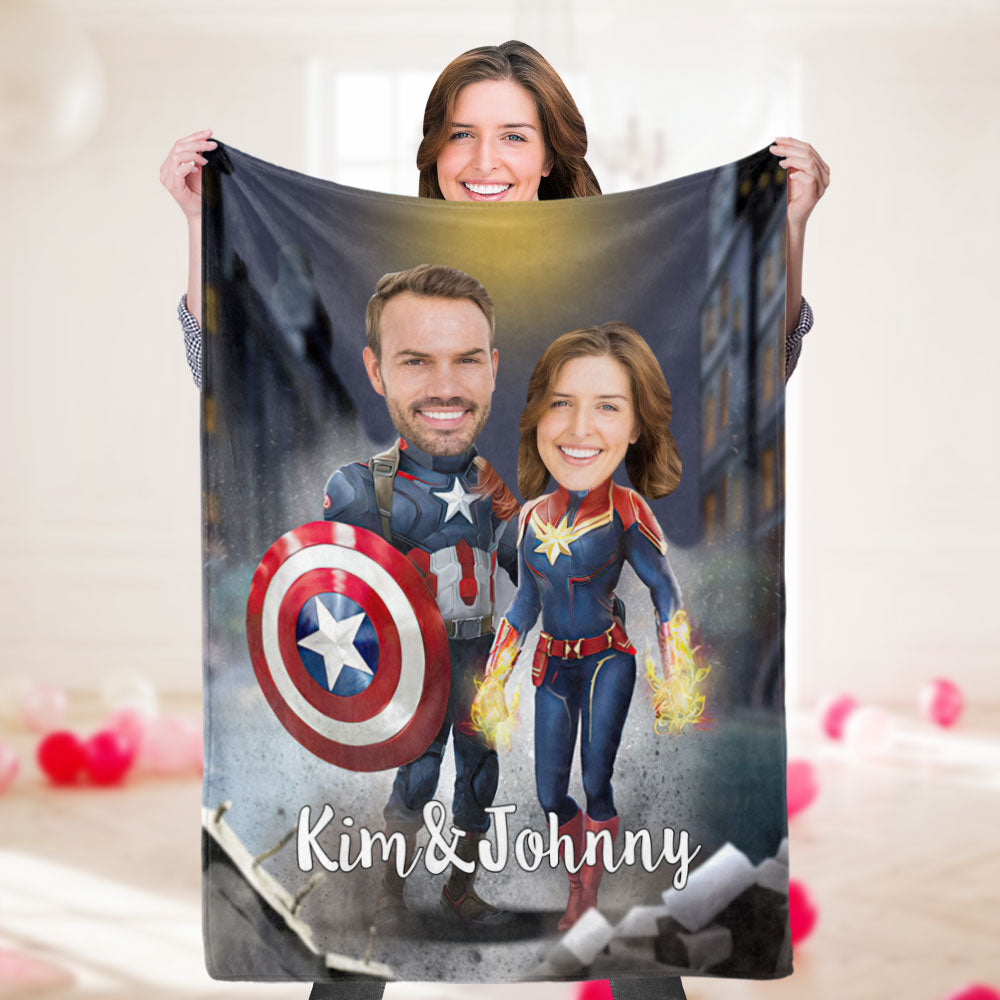 Custom Photo Blanket Personalized Couple Blanket Customized Superhero Blanket Captain America and Captain Marvel Blanket Valentine's Day Gifts