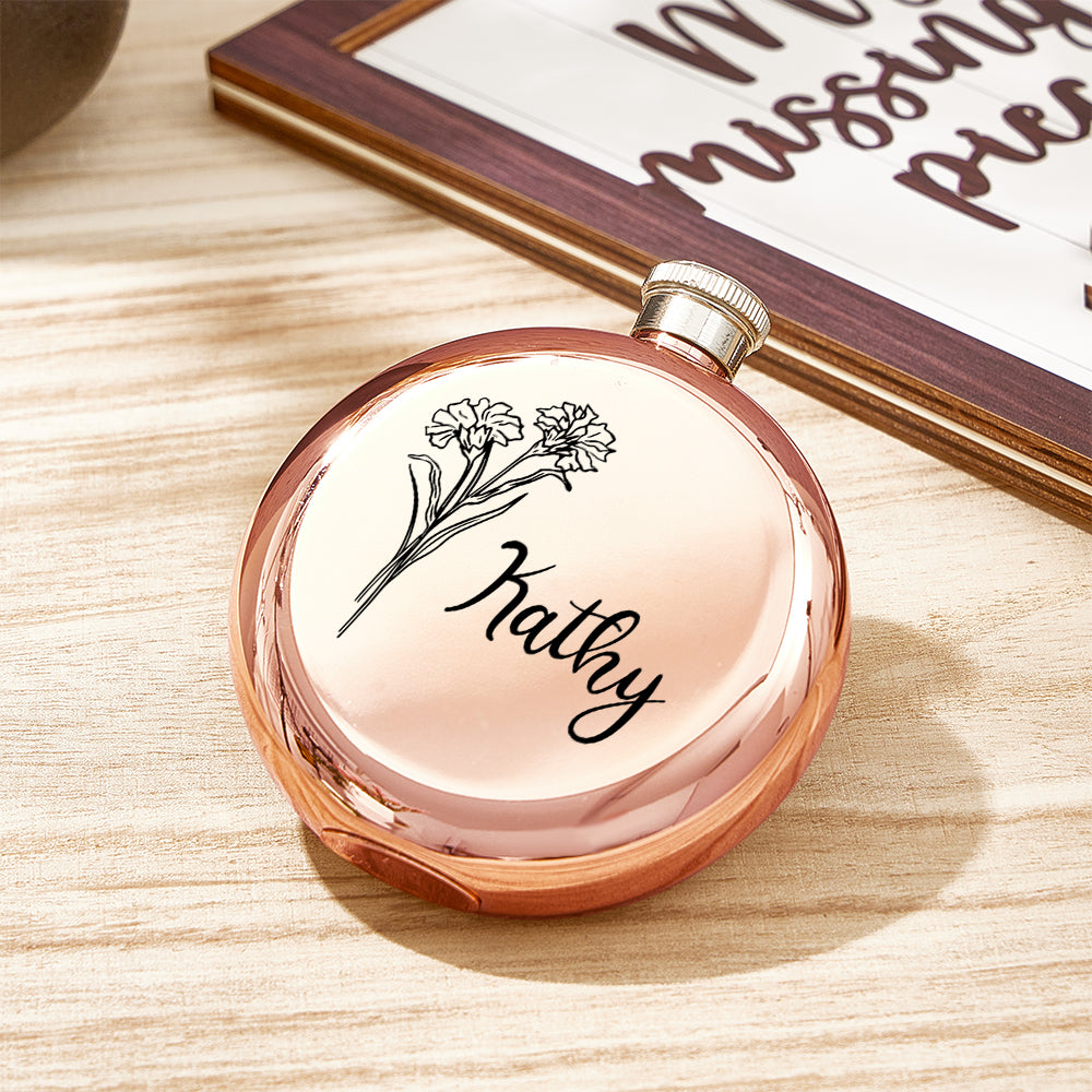 Personalized Name Flask with Birth Flower Custom Flask Gift for Bridesmaid Bachelorette Friends