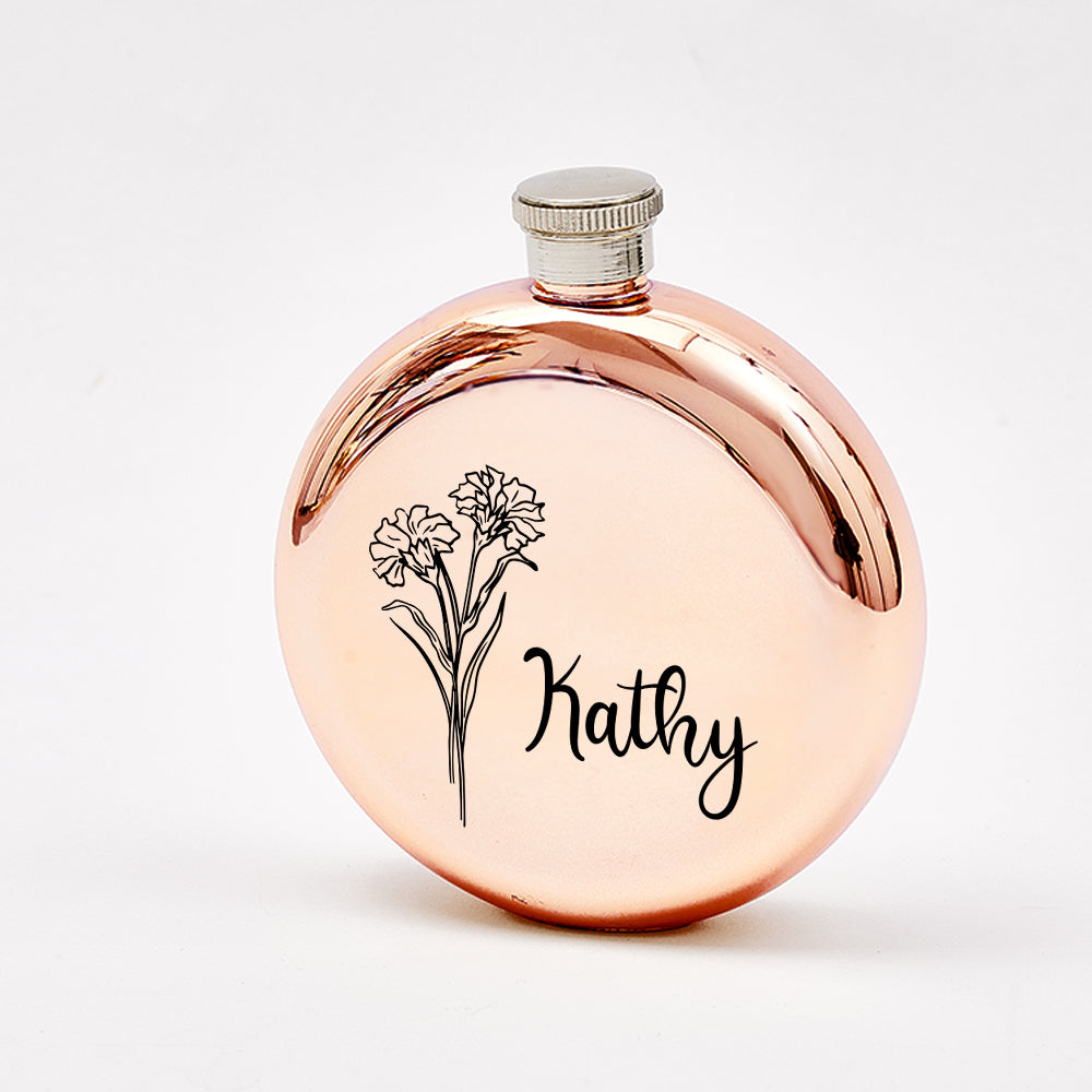 Personalized Name Flask with Birth Flower Custom Flask Gift for Bridesmaid Bachelorette Friends