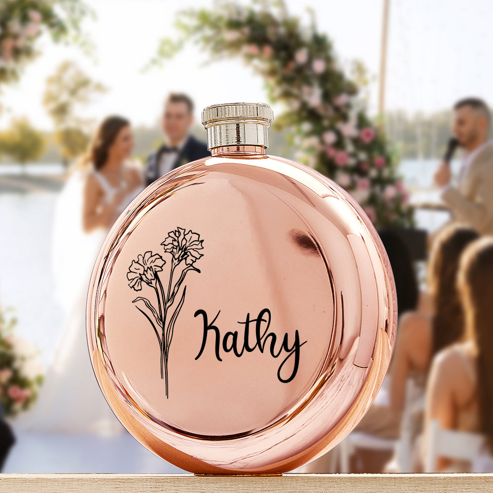 Personalized Name Flask with Birth Flower Custom Flask Gift for Bridesmaid Bachelorette Friends