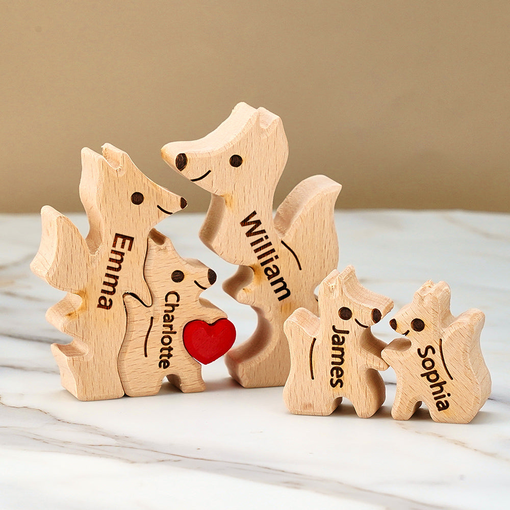 Wooden Fox Family Puzzle Custom Names House Warming Gifts